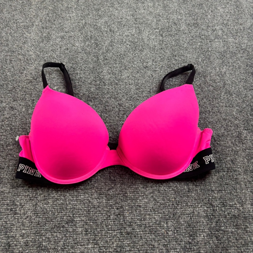 PINK Victoria’s Secret Hot Pink Black Logo Strap Wear Everywhere Push-up Bra 34D